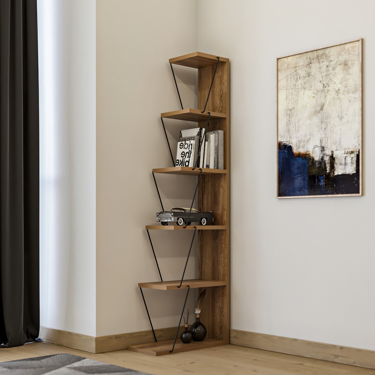 Biblioteca Tlos, Kalune Design, 50x22x150 cm, natural/negru - imagine 5